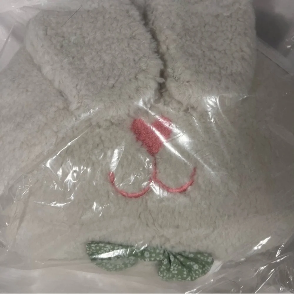 Bunny‎ Plush Pillow Cream Embroidered Face Green Bow Easter Spring Soft Decor